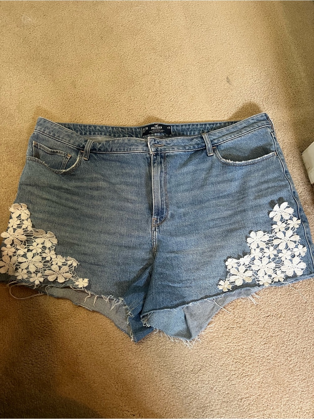 Hollister Light Blue Denim Shorts with White Floral Lace